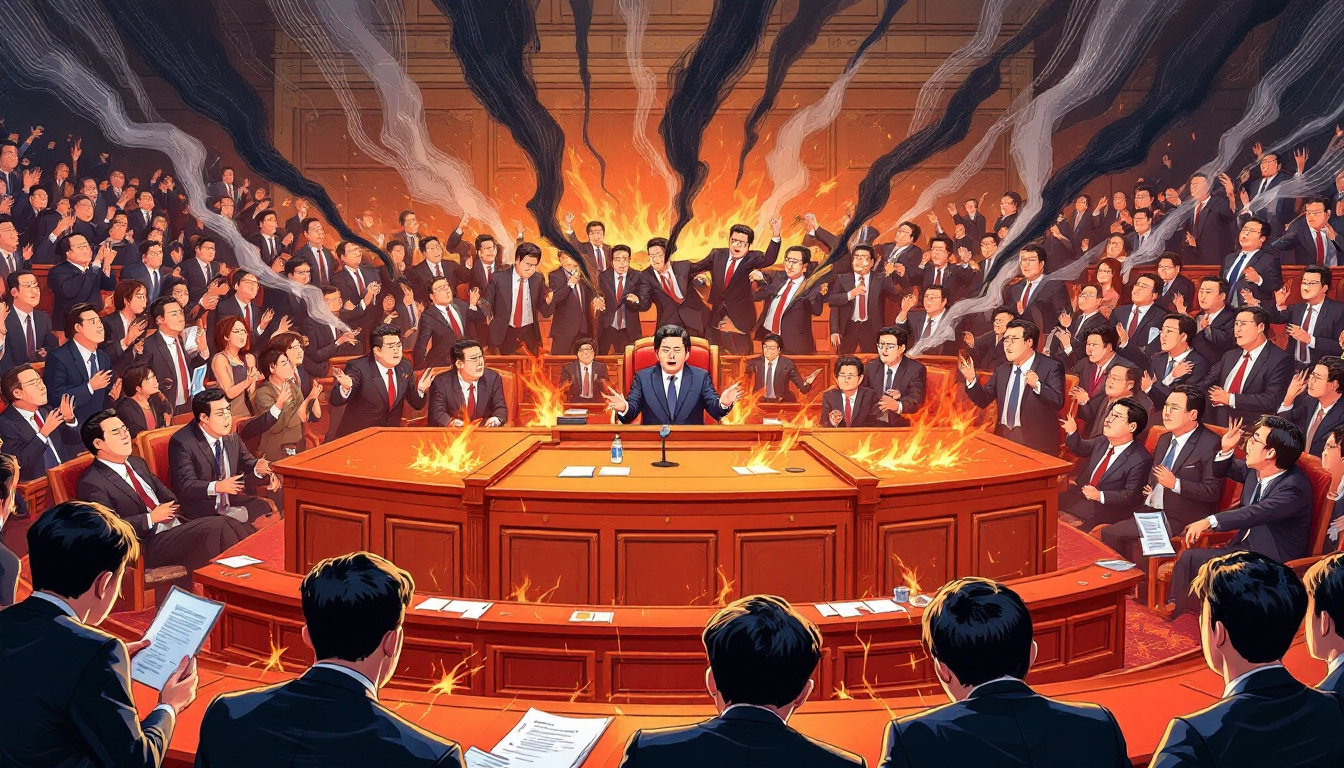 illustration of a South Korean political scene depicting a tense atmosphere in the National Assembly, with lawmakers engaged in a heated debate over the impeachment motion, emphasizing the gravity of the situation with a focus on facial expressions and body language, no text or specific people identified